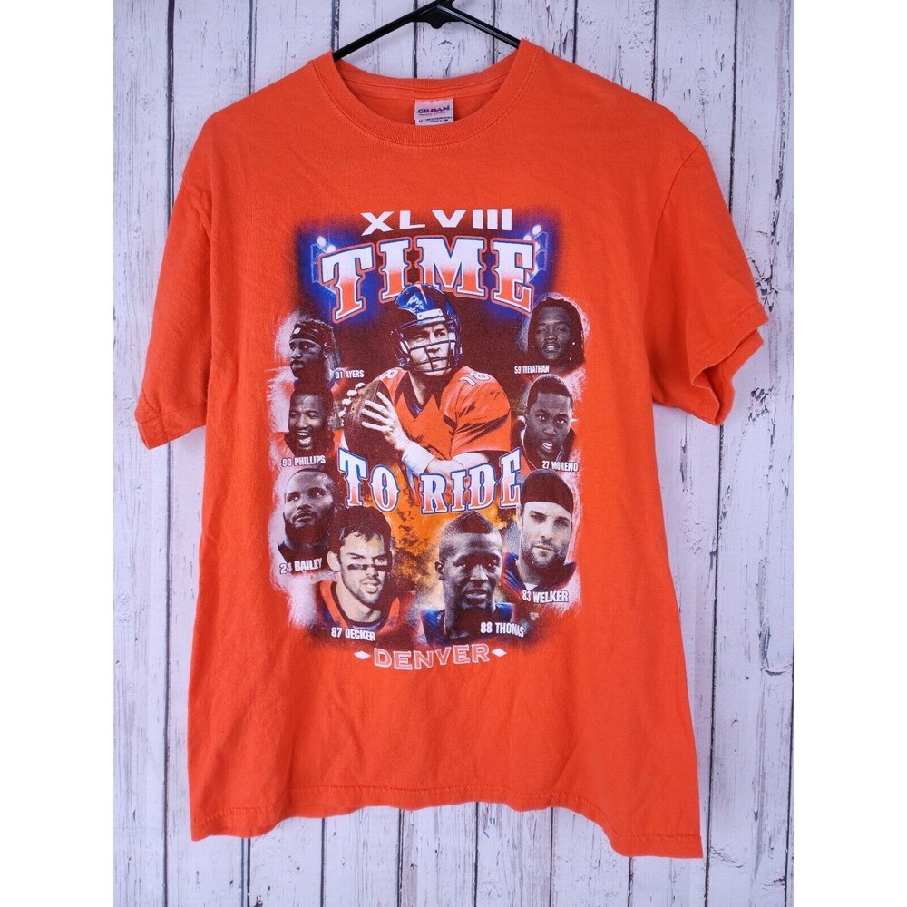 Denver Broncos Time To Ride T Shirt Manning Bailey Super Bowl XLVIII Gildan M
